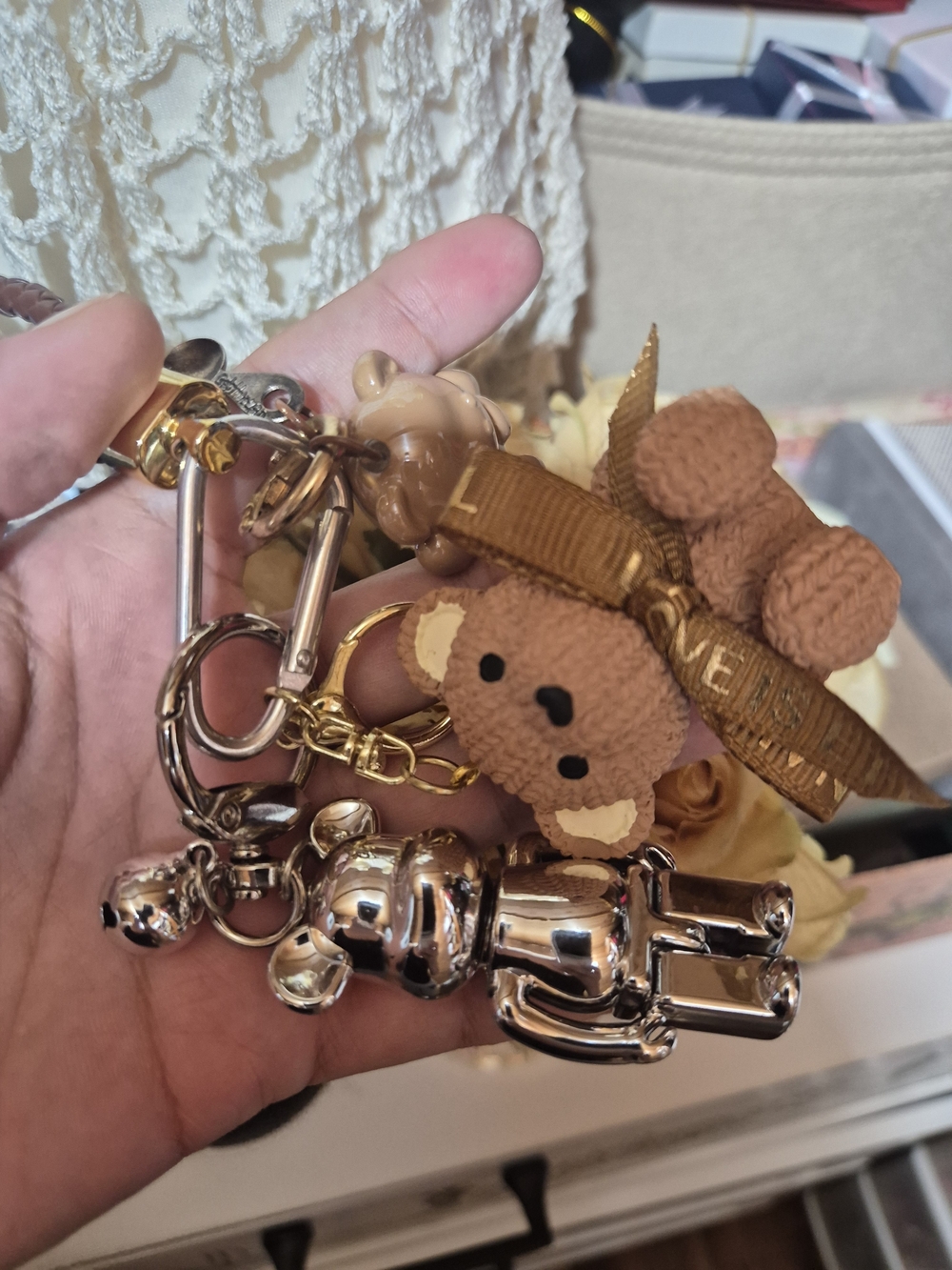 Plush Teddy Bear Key & Card Holder Charm - Brown with Gold Hardware